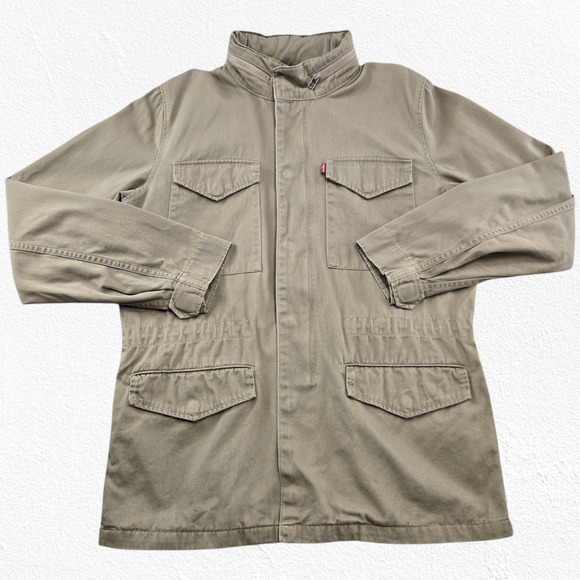 Levi’s Khaki Cotton Utility Field Jacket Hidden Hood Safari Style Size Medium - Picture 2 of 14